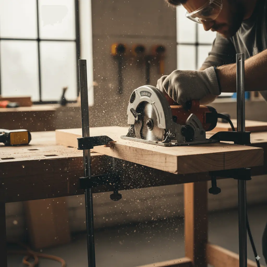 Real photo of a person cutting a 2×4 with a circular saw on a sturdy workbench. The board is clamped, safety glasses worn, sawdust mid-air. Angle: 45-degree view from the side, showing the cut line clearly. Natural workshop lighting, shallow depth of field focusing on the saw blade.