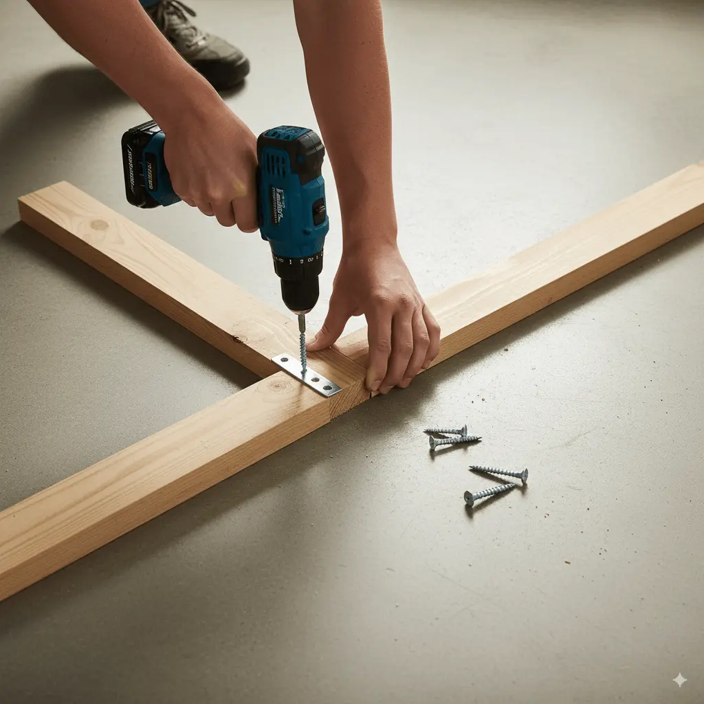 Wide shot of hands positioning 2×4 rails into a rectangle (48×24 in) on a flat surface, preparing to screw corners together. Include a cordless drill lying nearby. Warm indoor light, slightly above eye level, crisp detail of screws and joints.
