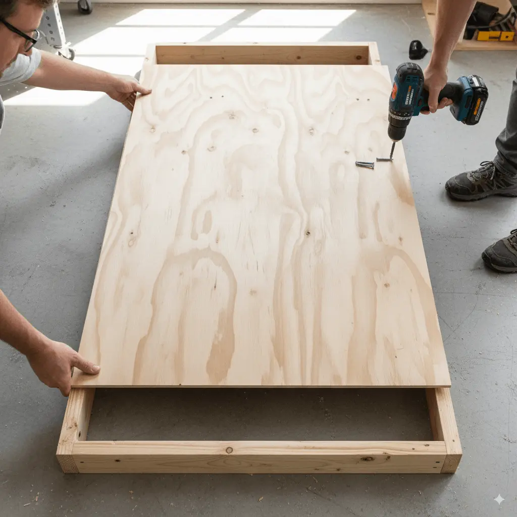 Overhead photo of a builder placing a 24×48 in plywood sheet onto the completed 2×4 frame. One hand holds the plywood, the other holds a drill driving a screw into the surface. Clean workshop background, even lighting.