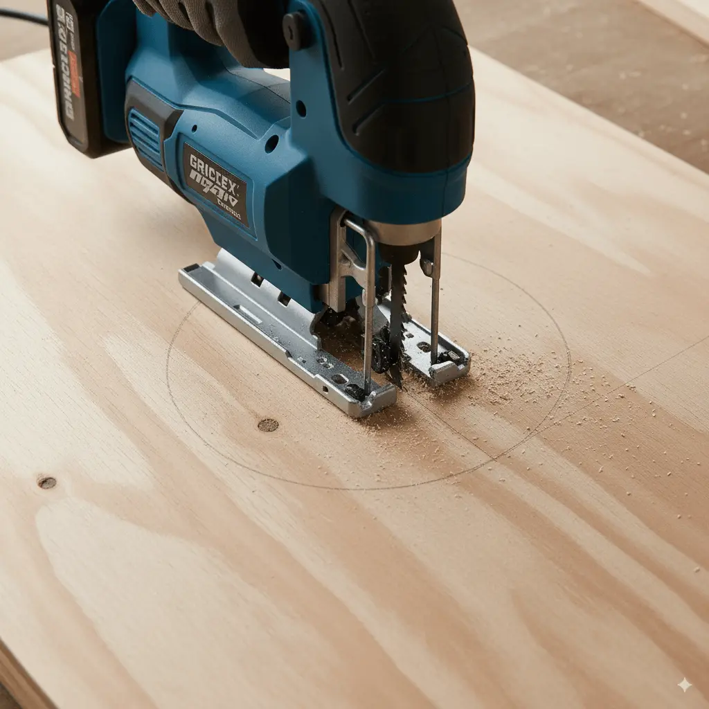 Close-up of a 6 in circle traced on plywood, with a tape measure showing 9 in from top edge and 12 in from sides. A jigsaw blade entering the pencil line. Shot from a 30-degree angle above, bright and sharp
