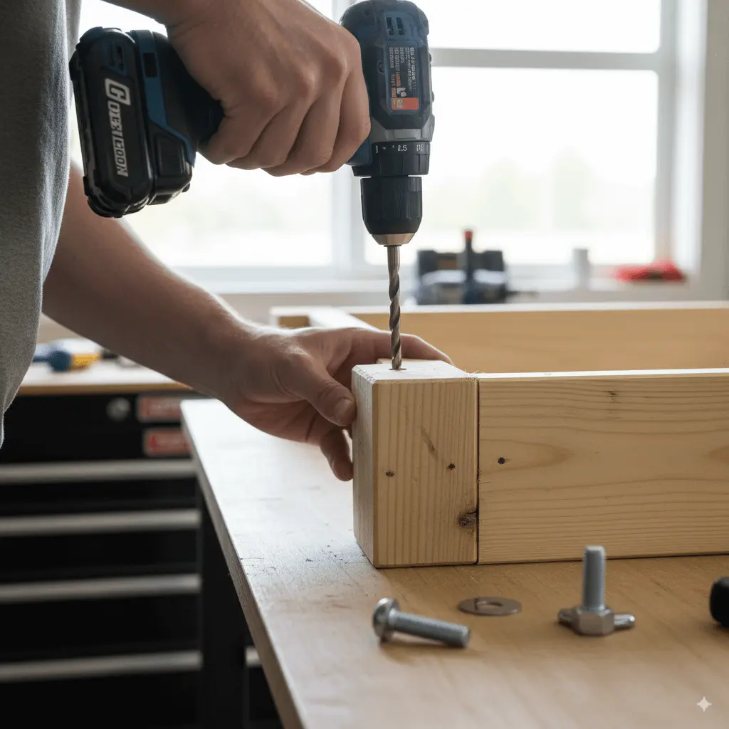 Medium photo of a DIYer drilling through a 2×4 leg, aligning it with the frame underside. Carriage bolt, washer, and wing nut nearby. Angle: low side view so you can see how the bolt passes through the leg into the frame. Good daylight and clear focus on hardware
