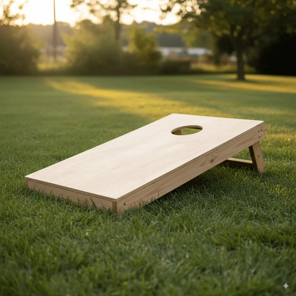 Outdoor photo of a single unpainted cornhole board standing on grass, legs extended, hole at the top. Taken from ¾ front angle so you see both surface and side profile. Soft afternoon sunlight