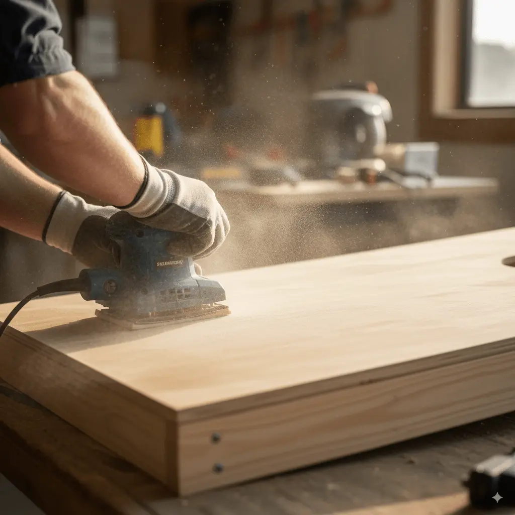 Close-up of hands sanding the plywood top of the board with a palm sander, fine wood dust visible. Angle: over-the-shoulder, blurred background, clear focus on sanding pad and smooth surface