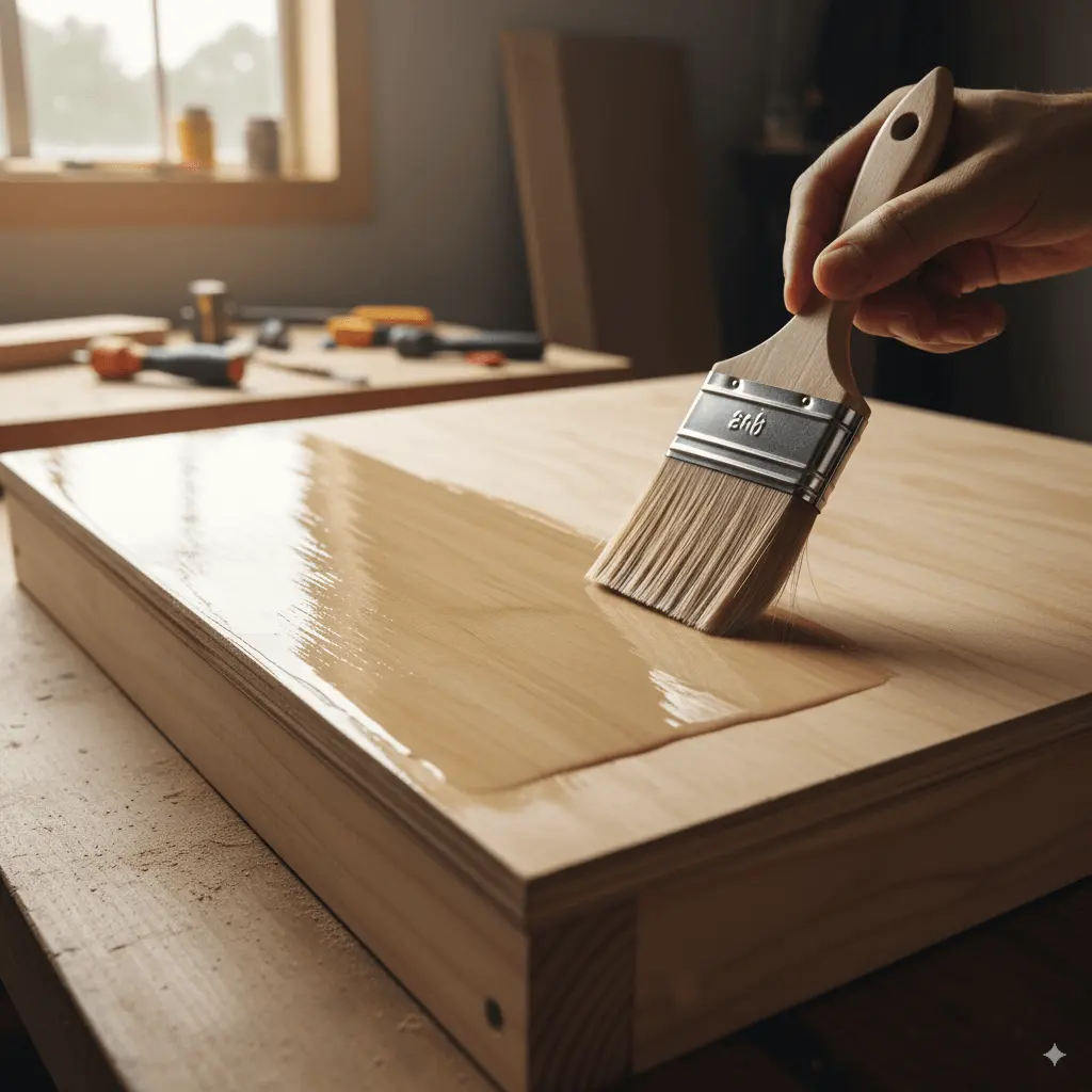 High-quality photo of a brush applying clear polyurethane on the sanded cornhole board. Wet glossy area contrasts with raw wood. Taken from low 45-degree angle, warm indoor light