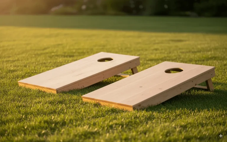 Wide horizontal photo of two finished regulation cornhole boards side by side on a lawn, raw wood sealed but unpainted, legs extended. Soft golden-hour light, shallow depth of field with grass softly blurred.