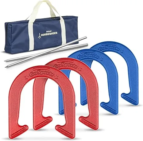 A GoSports Horseshoes set is displayed with a blue carrying bag, two silver stakes, and four plastic horseshoes. Two of the horseshoes are red and two are blue, all with the "GoSports" logo.