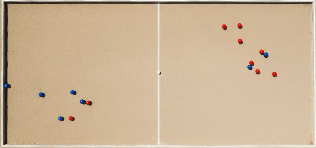 Overhead aerial view of bocce court layout, rectangular playing field with center line marked, bocce balls positioned at various distances from pallino, court boundaries visible, geometric diagram style photo