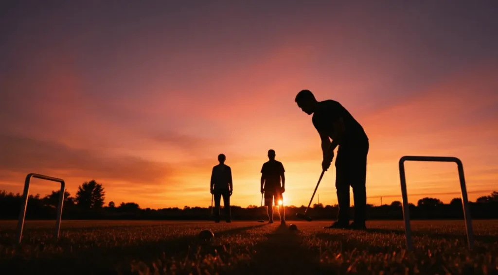 Sunset croquet game silhouette, players and wickets against orange sky, backyard summer evening, atmospheric lighting, artistic sports photography, peaceful recreation scene