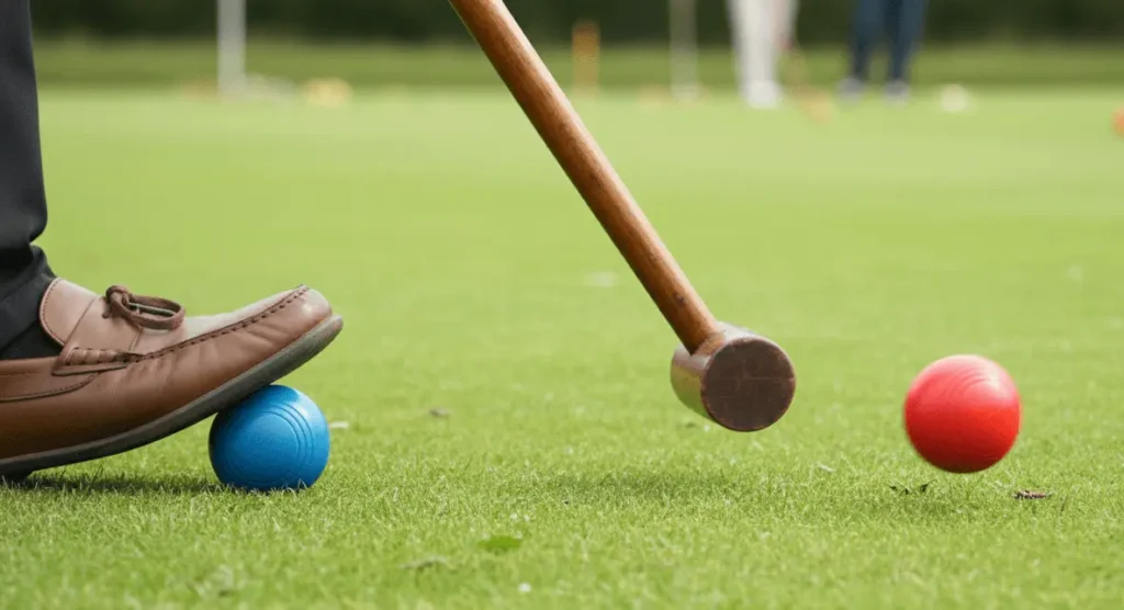 Croquet foot shot technique demonstration, player's foot on ball while striking to send opponent ball away, close up instructional photo, grass surface, teaching moment capture, proper form shown