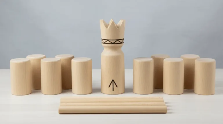 A complete Kubb game set displayed on a light surface, featuring a crowned wooden king piece in the center, ten smaller kubb blocks arranged behind it, and six cylindrical batons placed in front.