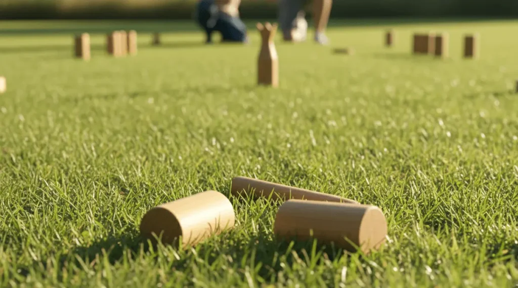 Close-up view of wooden batons lying on the grass during a Kubb game, with the king piece and other kubbs visible in the background on a sunny day.