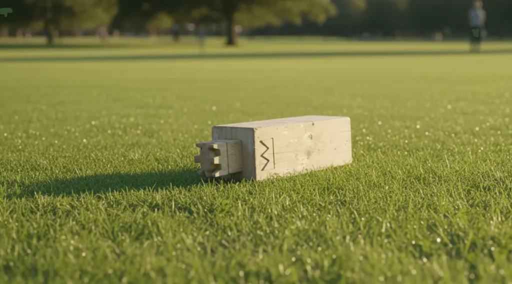 A wooden kubb king piece lying on green grass in a sunny park, with trees and blurred people in the background.