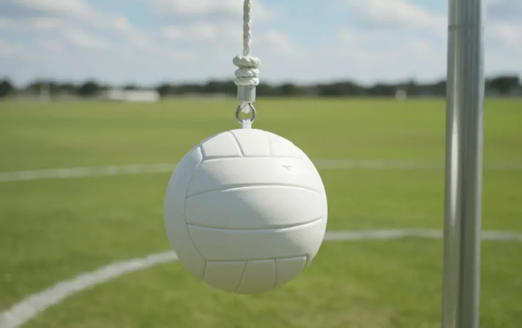 A close-up of a white tetherball attached to a rope and metal pole on a grassy field with white boundary lines, under a partly cloudy sky.
