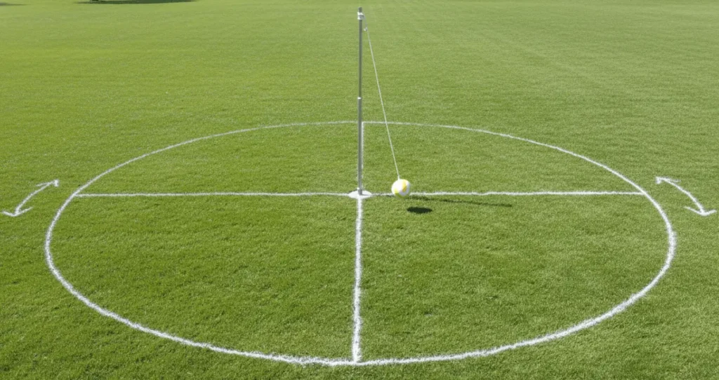 Overhead aerial view of tetherball court showing perfect circle marked on grass, pole in exact center, rope and ball visible, court divided in half with center line, geometric layout, instructional diagram photo