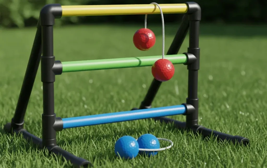 Close-up photo on grass showing ladder ball equipment: a white PVC ladder with three rungs, and two bolas — each bola made of two golf balls connected by a rope about 13 inches long. One bola is red, the other blue. Bright lighting, shallow depth of field, realistic photo style.