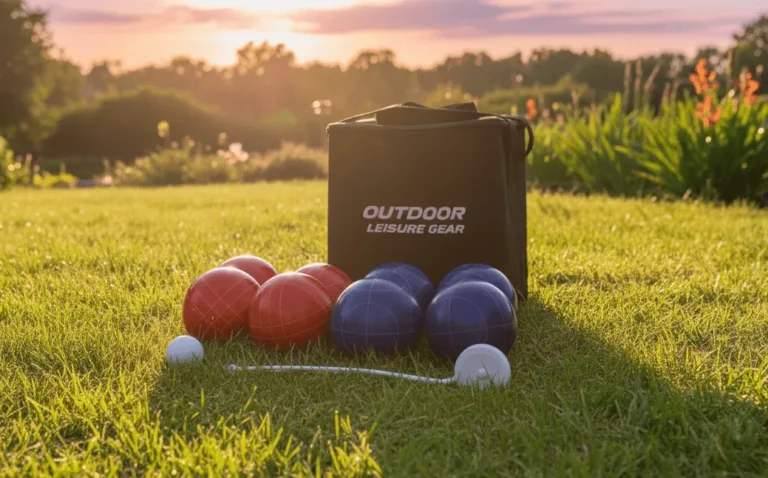 Complete bocce ball set displayed on grass, eight colorful bocce balls in red and green, small white pallino ball, official regulation size balls, outdoor lawn setting, bright natural daylight, product photography style