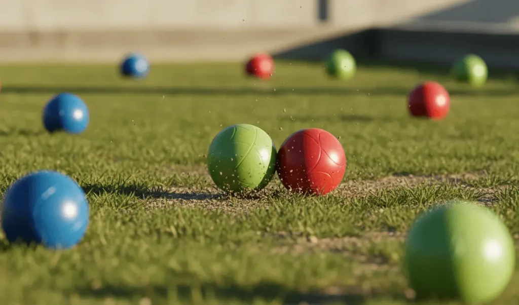 Bocce ball collision impact, one ball striking another mid frame, balls in motion showing defensive strategy, outdoor court setting, high speed action photography, dynamic sports moment capture