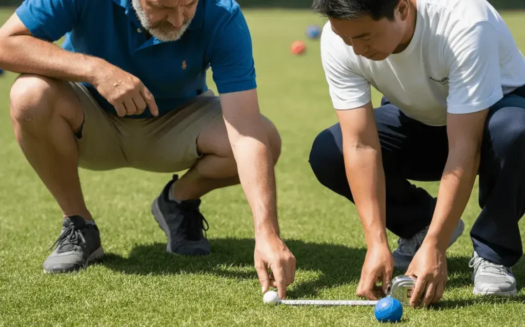 Measuring distance between bocce ball and pallino with tape measure, two players crouching to check scoring, close competitive game, grass court, referencing rules moment, candid game photography