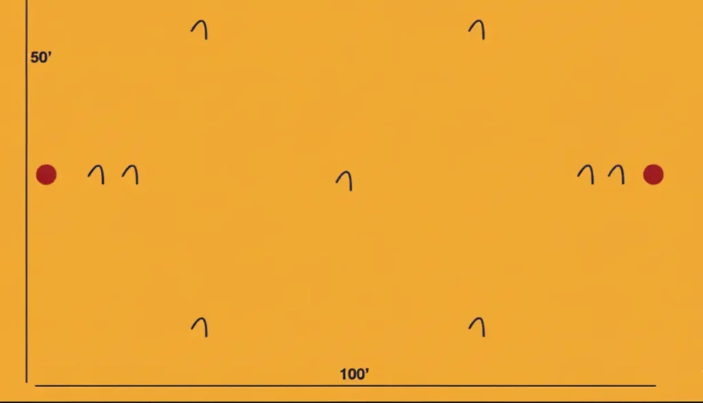 A croquet field layout is depicted on an orange background. The field is rectangular, with dimensions labeled "100'" along the bottom edge and "50'" along the left edge. There are two red croquet balls positioned on the left and right edges, horizontally centered. Nine dark blue wickets are arranged across the field: three in the top row, three in the middle row, and three in the bottom row. The wickets appear as inverted U-shapes. A subtle, light orange star icon is present in the bottom right corner of the image.