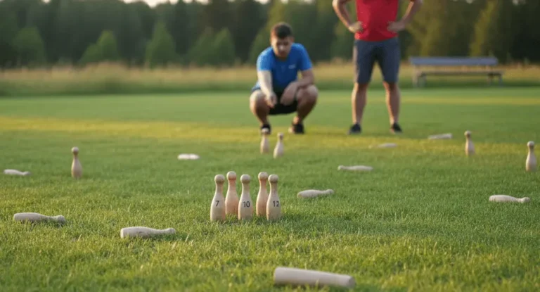 Mölkky pins scattered across grass field after several throws, game in progress showing pin positions, strategic gameplay moment capture