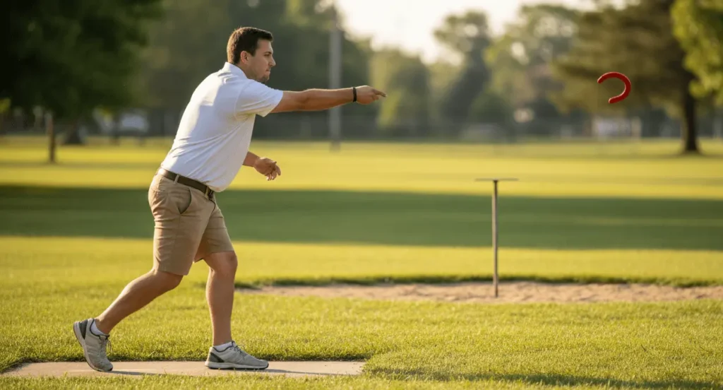 Player throwing horseshoe underhand toward stake, proper pitching form demonstration, side view showing pendulum arm motion, sand pit visible in background, action sports photography, summer day setting