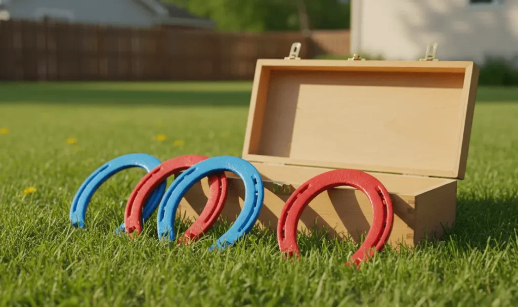 Four horseshoes on grass near wooden carrying case, game equipment ready to play, summer backyard scene, simple product shot