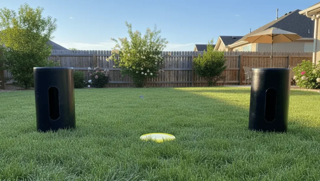 Two black Kan Jam goals stand on a vibrant green lawn under a clear, sunny sky, with a yellow frisbee lying flat on the grass between them. In the background, a wooden fence encloses the yard, and various trees and bushes add greenery. A house with a patio umbrella is partially visible on the right.