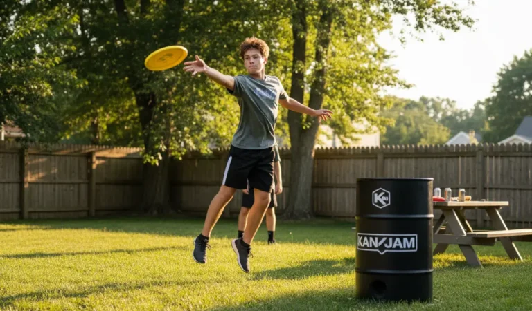 Player throwing yellow Kan Jam disc toward black goal, partner standing ready to deflect, backyard game action, summer day photography, recreational sports moment