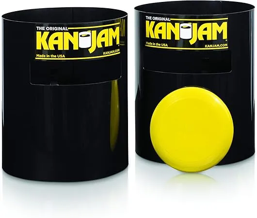 Two black Kan Jam goals with the yellow "Kan Jam" logo are shown. One goal has a bright yellow frisbee resting in front of it.