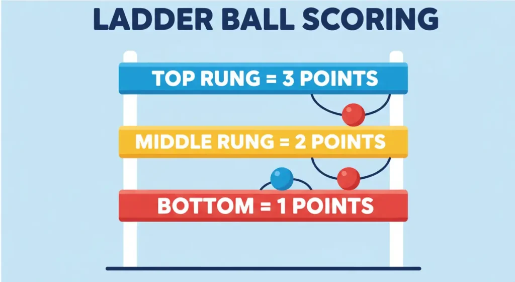 Infographic or illustration showing ladder ball scoring: top rung = 3 points, middle rung = 2 points, bottom rung = 1 point. Use clear text labels and bright colors like red, blue, and yellow for rungs. Minimalist and easy to understand.
