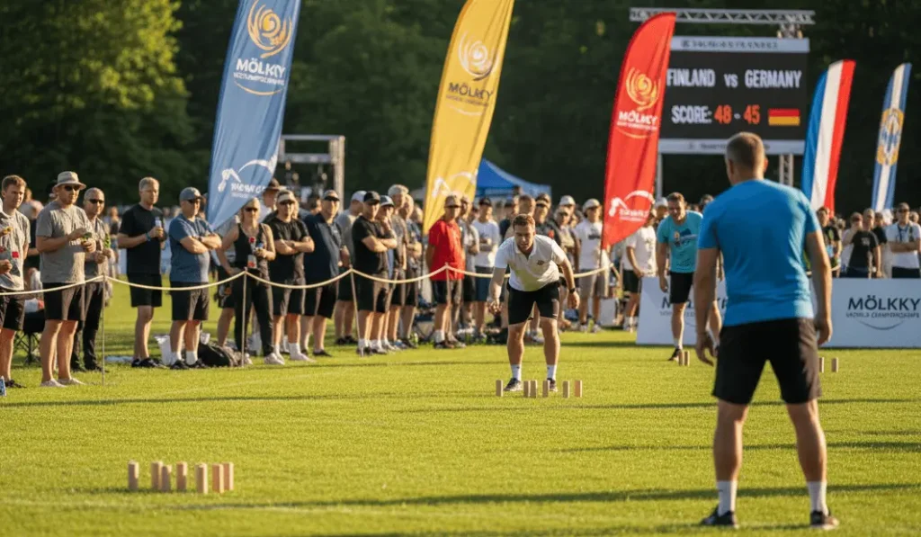Tournament Mölkky competition, serious players, multiple courts on grass, spectators, professional outdoor sporting event photography