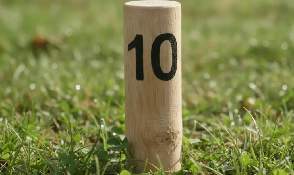 Single Mölkky pin standing upright on grass showing number clearly, natural wood construction, equipment close up detail shot