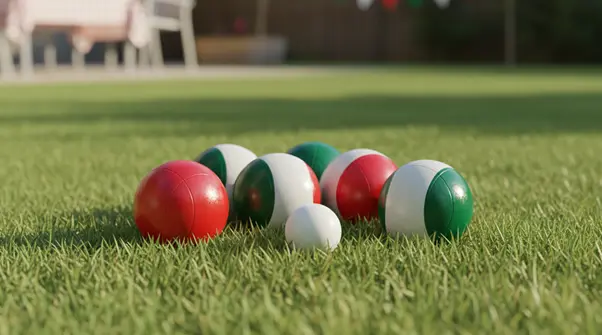 Italian-inspired bocce balls—red, green, and white—arranged on a grassy lawn, with a small white pallino ball in front, softly lit by the sun.