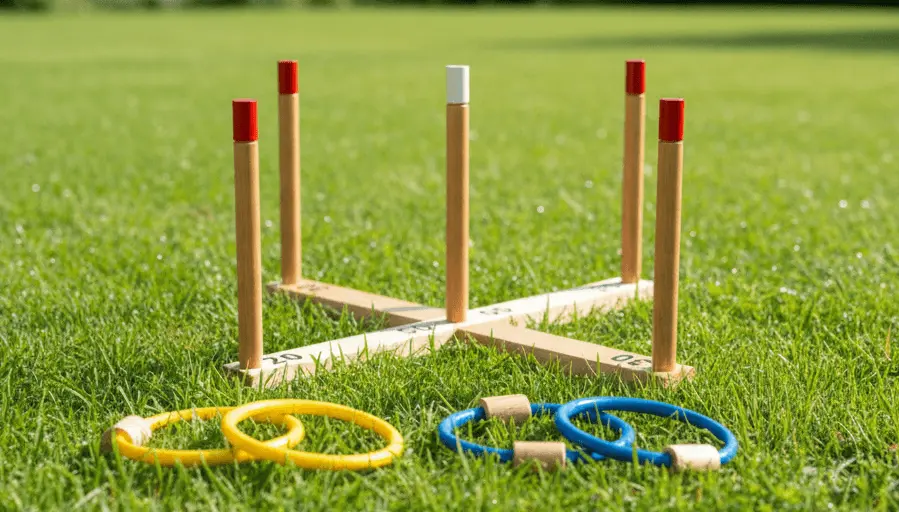 Ring toss game equipment on grass, traditional carnival style ring toss board with five wooden pegs arranged in cross pattern, colorful rope rings beside it, outdoor backyard lawn game setup, bright daylight