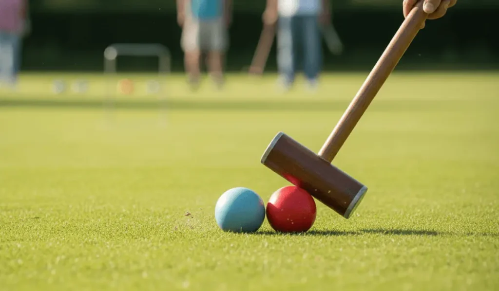 Croquet player performing roquet shot, one ball hitting another ball on grass court, strategic gameplay moment, wooden mallet visible, outdoor game action photography, summer day setting
