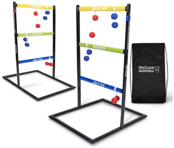 Two black GoSports Ladder Ball game sets are shown, each with three horizontal bars in yellow, green, and blue. Red and blue bolas are hanging from various rungs on both ladders, indicating points scored. A black GoSports carrying bag for "Ladder Toss" is visible to the right.