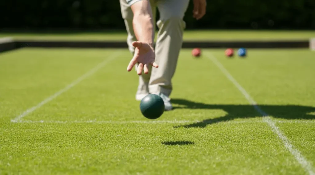 Player's hand releasing bocce ball in underhand throwing motion, proper form demonstration, grassy bocce court in background, motion blur on ball, instructional photography style, sunny outdoor setting