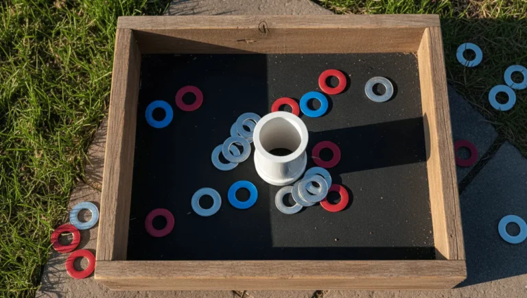 A wooden washer toss game box sits on a patch of grass and stone, with a black playing surface. A white PVC pipe target is in the center, surrounded by scattered red, blue, and silver metal washers. More washers are visible outside the box on the grass and stone.