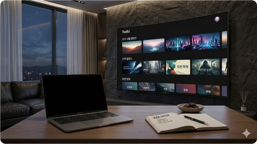 현대적인 다크 모드 스트리밍 사이트가 띄워진 세련된 거실의 대형 모니터 화면. 현대적인 다크 모드 스트리밍 사이트가 띄워진 세련된 거실의 대형 모니터 화면.