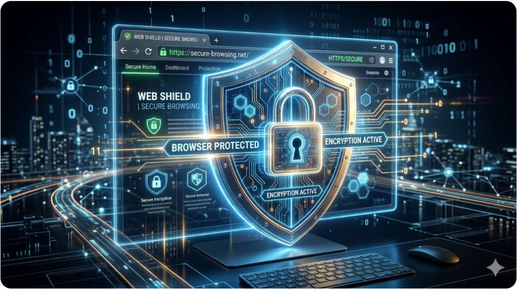 웹 브라우저를 보호하는 디지털 방패와 자물쇠 아이콘이 강조된 3D 일러스트. 웹 브라우저를 보호하는 디지털 방패와 자물쇠 아이콘이 강조된 3D 일러스트.