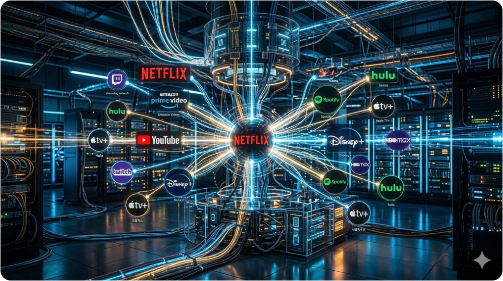 여러 스트리밍 플랫폼 아이콘이 네트워크로 연결된 하이테크 디지털 허브 이미지. 여러 스트리밍 플랫폼 아이콘이 네트워크로 연결된 하이테크 디지털 허브 이미지.