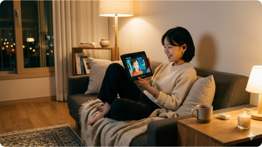 따뜻한 조명 아래 태블릿으로 여유롭게 영화를 즐기는 미니멀한 라이프스타일 사진. 따뜻한 조명 아래 태블릿으로 여유롭게 영화를 즐기는 미니멀한 라이프스타일 사진.