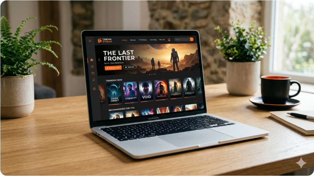 현대적인 다크 모드 스타일의 스트리밍 사이트 메인 화면이 띄워진 깔끔한 노트북 이미지. 현대적인 다크 모드 스타일의 스트리밍 사이트 메인 화면이 띄워진 깔끔한 노트북 이미지.