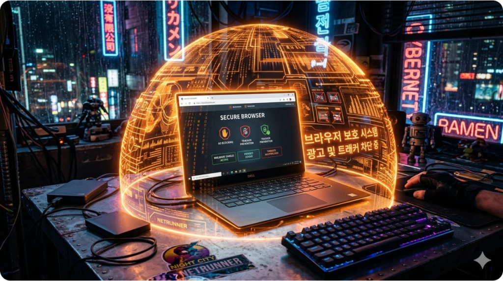 사이버 펑크 스타일의 주황색 홀로그램 방패가 노트북을 감싸고 있는 모습. 사이버 펑크 스타일의 주황색 홀로그램 방패가 노트북을 감싸고 있는 모습.