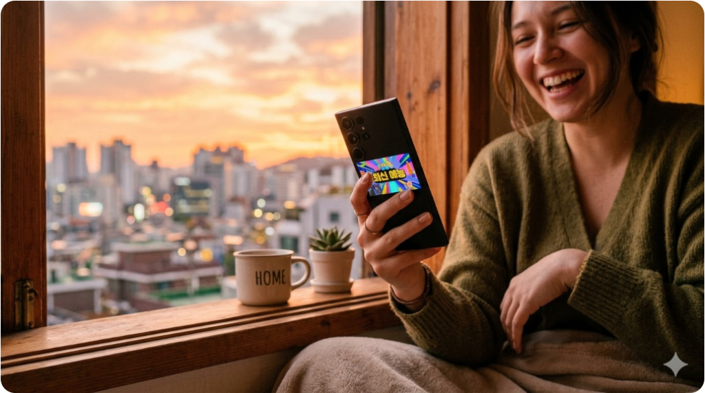 노을이 지는 창가에서 스마트폰으로 최신 예능을 시청하며 웃고 있는 사용자의 손과 기기. 노을이 지는 창가에서 스마트폰으로 최신 예능을 시청하며 웃고 있는 사용자의 손과 기기.