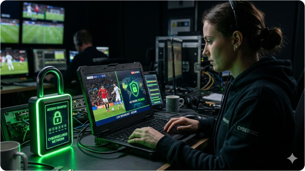 어두운 공간에서 초록색 네온 빛을 발하는 디지털 보안 자물쇠와 노트북 화면. 어두운 공간에서 초록색 네온 빛을 발하는 디지털 보안 자물쇠와 노트북 화면.