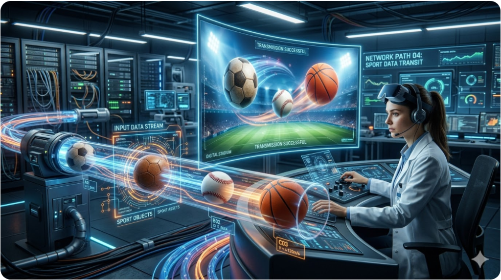 다양한 스포츠 공(축구, 야구, 농구)들이 디지털 회로 속을 통과하여 화면으로 전송되는 모습을 형상화한 3D 일러스트. 다양한 스포츠 공(축구, 야구, 농구)들이 디지털 회로 속을 통과하여 화면으로 전송되는 모습을 형상화한 3D 일러스트.