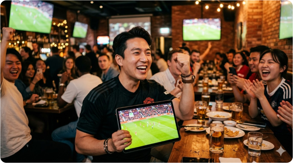 따뜻한 조명 아래서 태블릿을 들고 실시간 경기를 보며 환호하는 사용자의 행복한 모습을 담은 라이프스타일 사진. 따뜻한 조명 아래서 태블릿을 들고 실시간 경기를 보며 환호하는 사용자의 행복한 모습을 담은 라이프스타일 사진.