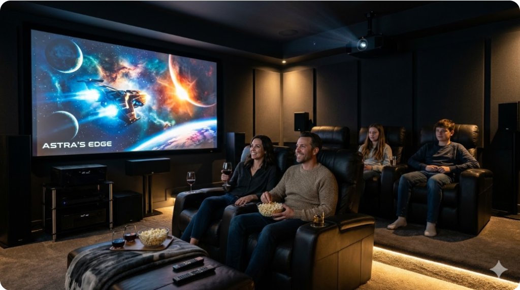 어두운 거실에서 대형 스크린으로 고화질 영화를 감상하는 프리미엄 홈 시네마 전경 사진 어두운 거실에서 대형 스크린으로 고화질 영화를 감상하는 프리미엄 홈 시네마 전경 사진