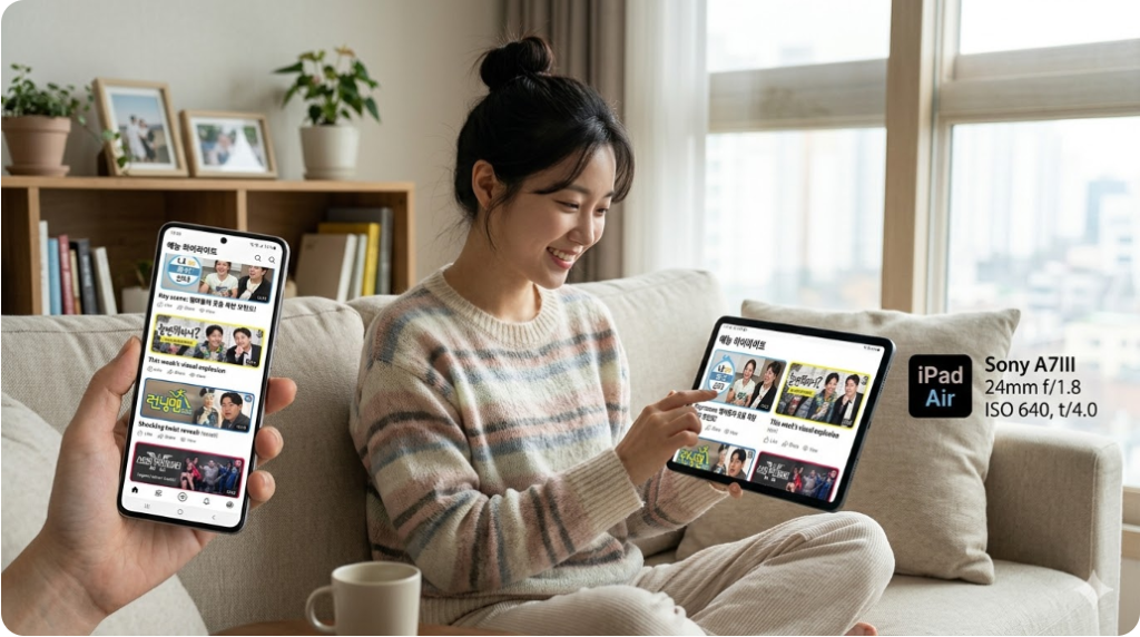 스마트폰과 태블릿에서 예능 프로그램의 주요 장면들이 카드 뉴스 형태로 나열된 인터페이스 그래픽 스마트폰과 태블릿에서 예능 프로그램의 주요 장면들이 카드 뉴스 형태로 나열된 인터페이스 그래픽